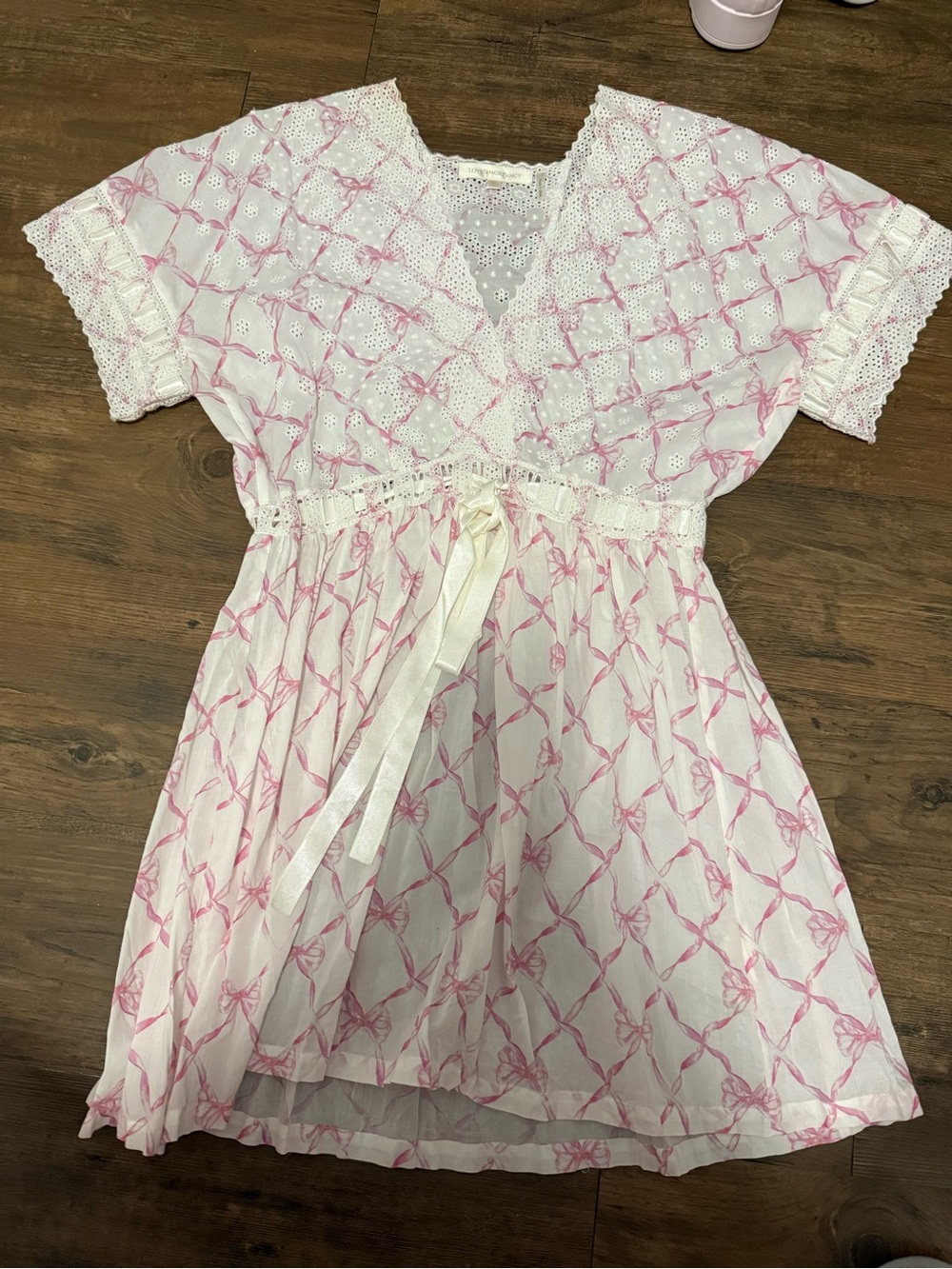 White and Pink Bow-Print Pajama Dress